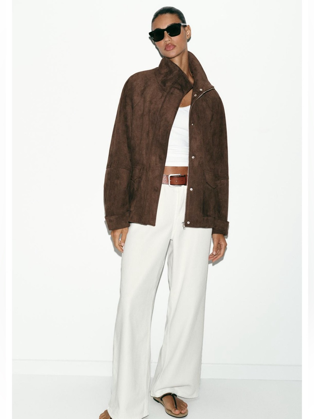 NWT Zara Faux Suede High Collar Full Zip Jacket Sz:M Dark Brown - Picture 2 of 10